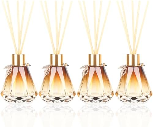 Reed Diffuser Set - 4 Empty Bottles with 20 Sticks, Delicate Gold Leaf Decor, Glass Fragrance Diffuser with Lids for Home, Bathroom | Refillable, Diamond Style (4 PCS Gold)