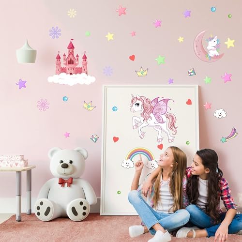 Glow in The Dark Stars Unicorn Wall Decals, Castle Moon Rainbow Stickers for Ceiling, DIY Unicorn Wall Decor for Nursery Girls Playroom, Kids Christmas Birthday Party Decoration