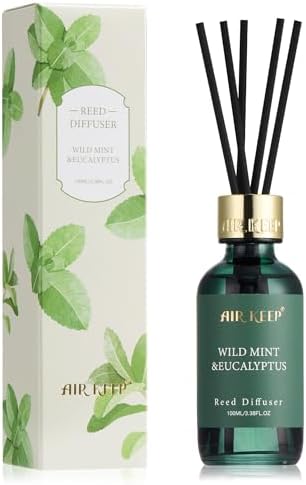 Airkeep Reed Diffuser Set, 3.38 fl oz (100 ml) - Wild Mint&Eucalyptus Oil Diffusers with 8 Reed Sticks, Home Fragrance Reed Diffuser for Bathroom Shelf Decor