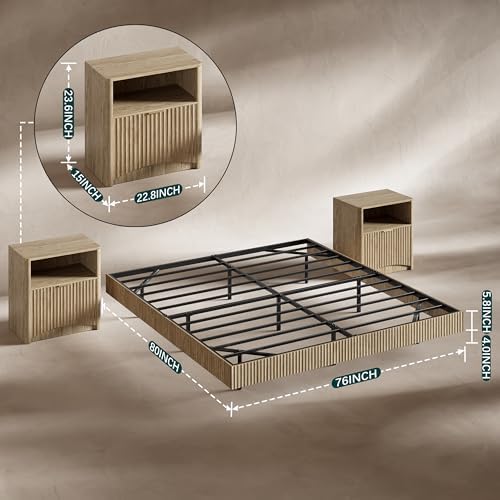 Evermagin King Bedroom Set, Fluted Floating Bed Frame & Nightstands, Oak
