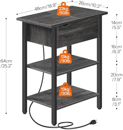 HOOBRO End Table with Charging Station, Narrow Side Table, Flip Top Nightstand with USB Ports and Outlets, Bedside Tables with Shelf for Small Spaces, Living Room, Charcoal Black BC341BZ01