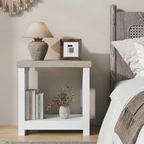 End Tables Set of 2 for Living Room, Narrow Side Tables with Storage Shelves, Square End Table for Bedroom, Slim Nightstand, Skinny Rectangle Accent Table, Farmhouse Bedside Table, White + Gray