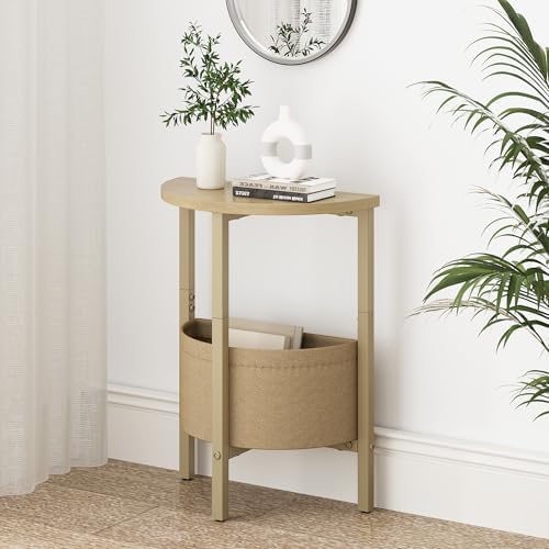 Vagusicc Small Round Side Table End Table, Tall Accent Table with Storage Basket, Set of 2 Half Round Tables Half Moon Tables, Coffee Bedside Tables, Modern Nightstand for Living Room Bedroom,Natural