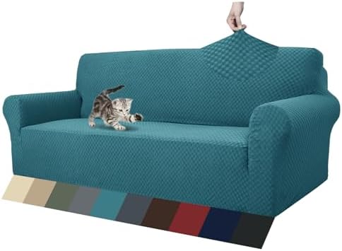 ZNSAYOTX 1 Piece Jacquard Couch Covers for 3 Cushion Couch Living Room High Stretch Sofa Cover Pets Dogs Friendly Anti Slip Thickened Slipcovers Furniture Protector (Sofa, Peacock Blue)