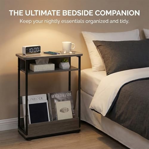 Narrow Side Table,3-Tier Slim End Table with Storage Shelf,Modern Sofa Table Thin Side Table for Narrow and Small Spaces, Skinny Bedside Table Small Nightstand with Magazine Rack Space Saving/Grey