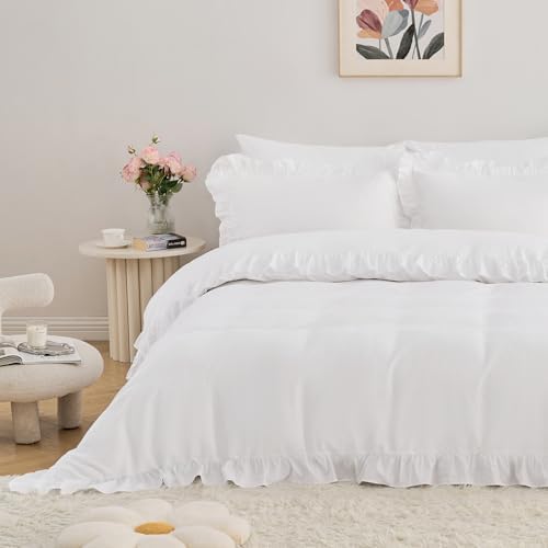 Horbaunal 3 Pcs White Ruffle Duvet Cover Twin Size Soft Microfiber Shabby Chic Ruffled Duvet Cover Set, Vintage French Country Ruffle Bedding Set with Zipper Closure & Corner Ties, 68" x 90"