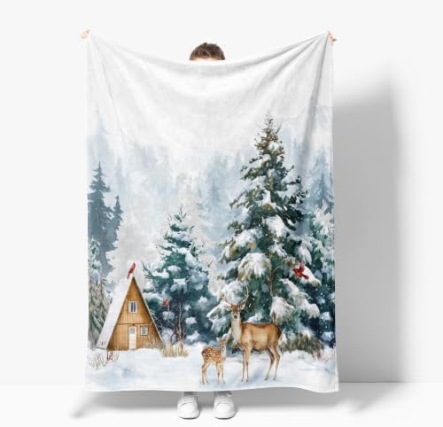 Winter Deer Throw Blanket, Snow Forest Flannel, 80 x 60