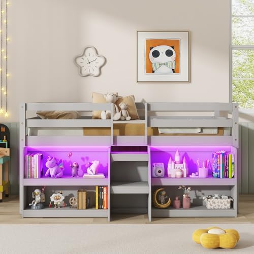 GIANTEX Twin Loft Bed with LED Lights, Wooden Loft Bed Twin Size with Stairs & Safety Guardrail, Low Loft Bed for Kids with Storage Bookcase and Under-Bed Play Space, Grey