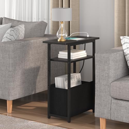sthmec Narrow Side Table with Charging Station, Small End Table for Small Spaces, Skinny Nightstands with Storage Basket, 3 Tier Sofa Couch Bedside Tables for Living Room,Bedroom, Black