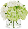 Hollyone White and Green Peonies Artificial Flowers with Vase Faux Flowers Peony Fake Flowers Silk Flower Arrangements in Glass Vase with Faux Water for Bathroom Table Centerpiece Shelf Home Decor