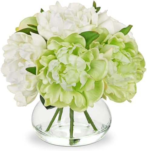 Hollyone White and Green Peonies Artificial Flowers with Vase Faux Flowers Peony Fake Flowers Silk Flower Arrangements in Glass Vase with Faux Water for Bathroom Table Centerpiece Shelf Home Decor