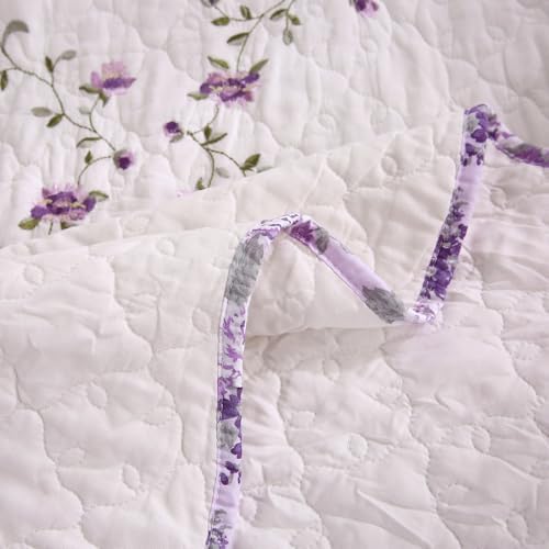 vctops 100% Cotton Quilted Throw Blanket 50x60 Inch Floral Embroidered Reversible Patchwork All Season Throw (Purple,50"x60")