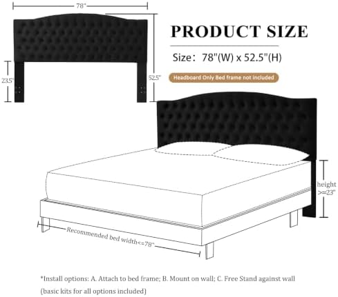 Furpopup Velvet King Size Headboard Only, Upholstered Wall Mount, Black