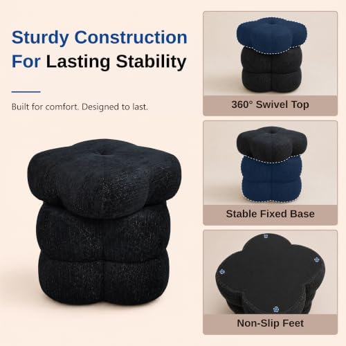Get Set Style 360° Swivel Flower Ottoman, Linen Vanity Stool Footrest with 300LBS Capacity, No Assembly Small Space Accent Chair for Living Room Bedroom Entryway (Lux Black Gold)