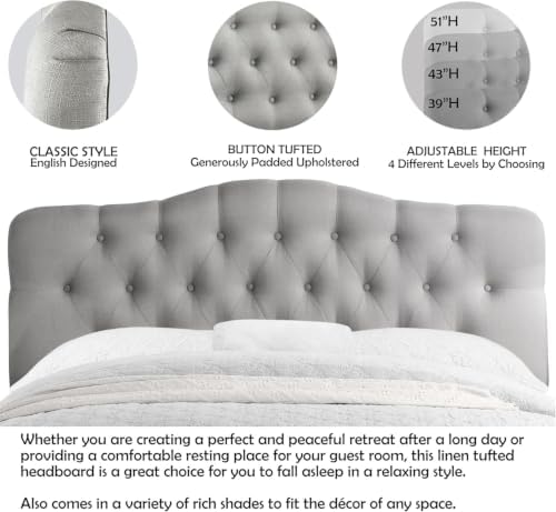 Linen Stitched Tufted King Headboard, Adjustable Height 34-43 in, Gray Padded Support for Reading, Relaxing or Working in Bed, Stable Non-Slip Design, Fits Bed Frame