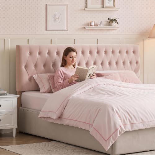 Kingfun Tufted Upholstered Queen Size Bed Headboard in Modern Button Design, Adjustable Solid Wood Head Board, Premium Velvet Fabric Padded Headboards in Bedroom (Pink)