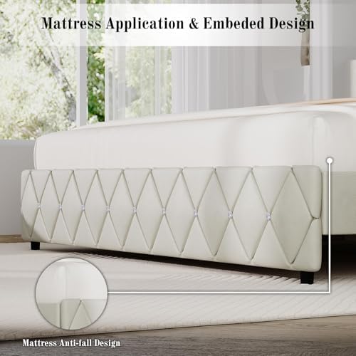 BarnFurin King Bed Frame with Diamond Tufted Headboard,Cream