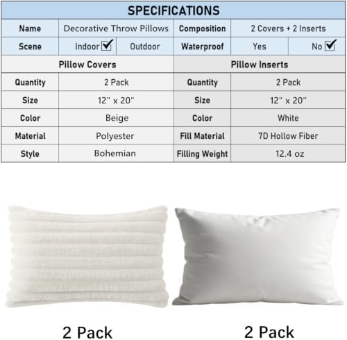 Decorative Throw Pillow with Inserts, Set of 2 Soft Faux Fur Throw Pillows, Boho Striped Pillow for Couch, Bed, Sofa Decor (Beige, 12" x 20"(Pack of 2))