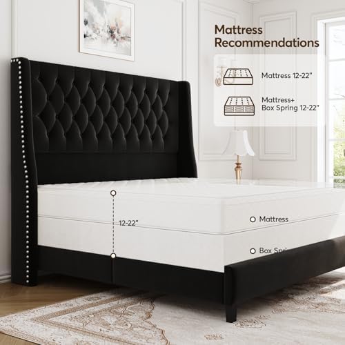Full Upholstered Bed Frame, 55.4'' Tall Headboard with Wingback