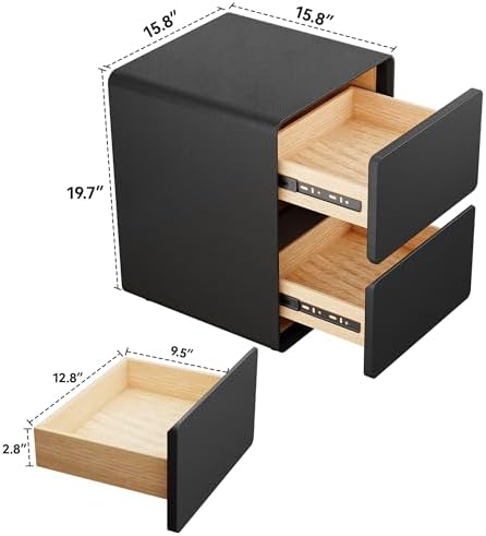 15.8" W Faux Leather Narrow Nightstand, Modern Fully-Assembled Bedside Table with 2 Drawers, Wood Night Stand Small Accent End Table & Side Table for Bedroom, Black