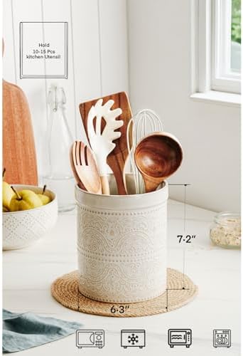 Kitchen Utensil Holder, 7 Inches Large Ceramic Utensil Holder for Countertop, Lace Emboss Cooking Utensil Crocks for Kitchen, Home Decor, Off-White