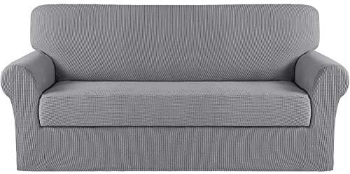 Turquoize Stretch Sofa Slipcover 2 Pieces Sofa Cover Couch Cover for 3 Cushion Couch Washable Furniture Protector Covers with Elastic Bottom Feature Thick Jacquard Fabric (Sofa, Dove)