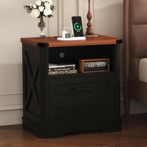 Yusong 23.62" Tall Farmhouse Nightstand, Rustic Wooden Night Stand with Charging Station, Beside Table with Drawers and Open Storage, End Tables for Bedroom, Black