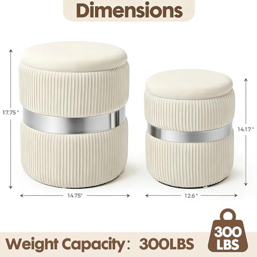 Round Ottoman with Storage, White Velvet, Set of 2