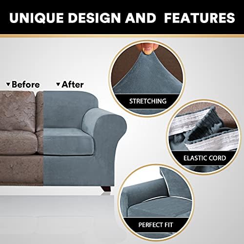 PrinceDeco Velvet Couch Cover Loveseat Covers for 2 Cushion Couch 3 Piece Sofa Covers for Dogs Washable Loveseat Covers Width Up to 72 Inch No Slip Stretch Sofa Slipcover(Medium, Stone Blue)
