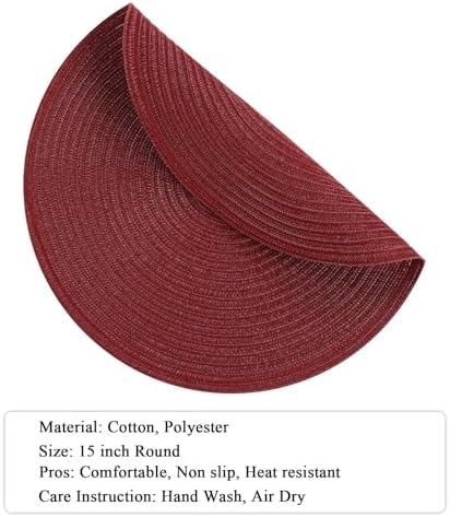 SHACOS Round Placemats Set of 4 for Dining Table 15 inch Round Braided Place Mats Washable Non Slip Kitchen Table Mats, Burgundy