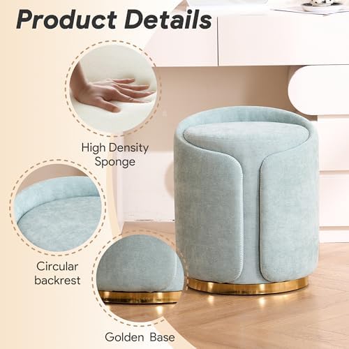 Swivel Vanity Stool with Back Comfy Vanity Chair with Gold Base Modern Round Stool for Makeup Vanity Ottoman Foot Rest for Bedroom livingroom (Sage)