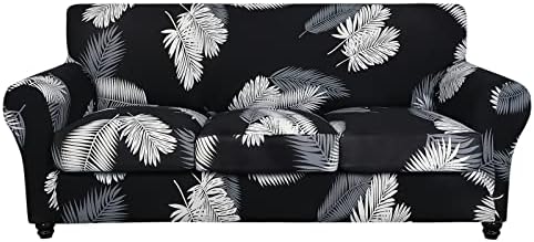 SearchI Stretch Sofa Cover Printed Couch Cover, Floral Pattern 4 Pieces Sofa Slipcover with 3 Separate Cushion Cover, Washable Furniture Protector for Living Room(Sofa, Black+Palm Leaves)