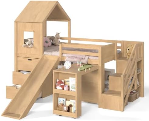Twin Size Playhouse Low Loft Bed with Slide Storage Drawers Stair Shelves Pull Out Desk (Natural, Twin)