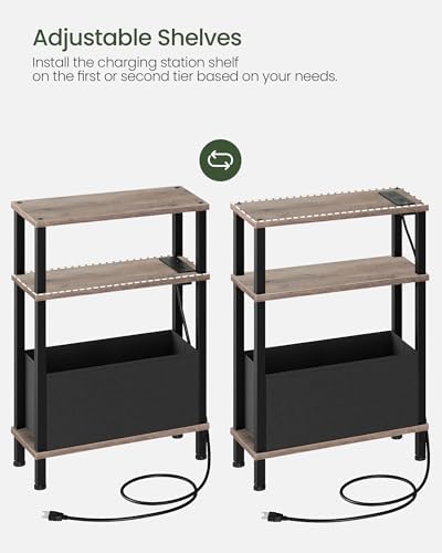 CHOEZON Small Narrow Side Table with Charging Station, Skinny End Table with Fabric Basket, Slim Nightstand for Small Spaces, Sofa Side Table, for Living Room, Bedroom, Greige and Black TBZ07UFH