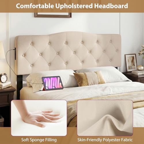 GIANTEX Headboard with Charging Station, Queen/Full Size Button Tufted Upholstered Head Board w/2 AC Outlets, USB & Type-C Port, Rubber Wood Legs, Width Adjustable Modern Bed Headboard Only (Beige)