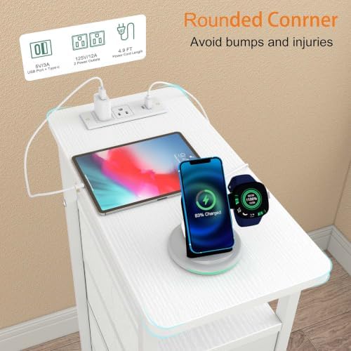 sthmec Side Table with Charging Station, Narrow End Table with 4 Drawers, LED Nightstands with Fabric Drawers,Slim Sofa Couch Side Tables for Small Spaces,Living Room,Bedroom, White