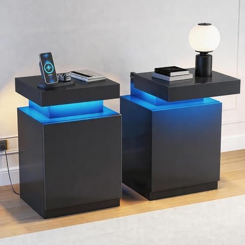 Nightstands Set of 2, 17.7 Inches LED Night Stand Set 2 with Power Outlets, Bedside Table with Sliding Top Storage, Modern End Table for Bedroom, Black