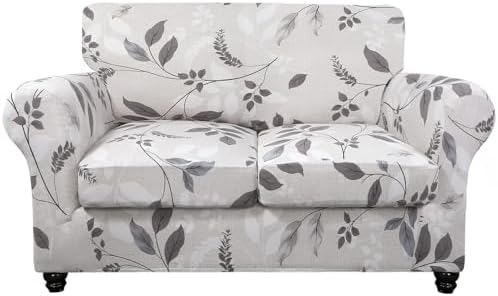 SearchI Stretch Sofa Cover Printed Couch Cover, Floral Pattern 3 Pieces Loveseat Slipcover with 2 Separate Cushion Cover, Washable Furniture Protector for Living Room(Loveseat, Elegant Foliage)