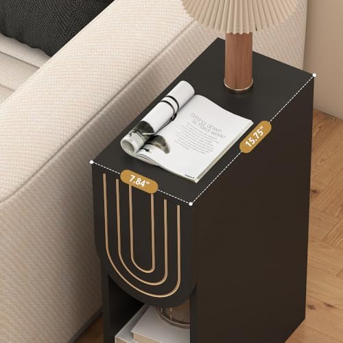 weselon Narrow Nightstand, Slim Bedside Table with Carving Lines Drawer, Mid-Century Modern Small Side End Table for Bedroom Small Space, Wooden Night Stand (1, Black)