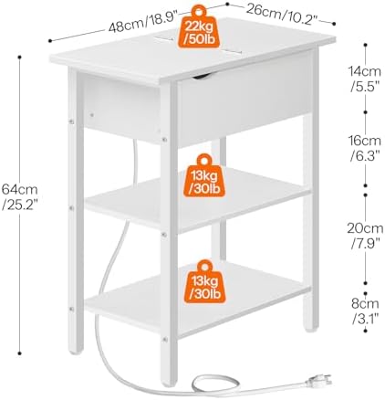 HOOBRO End Table with Charging Station, Narrow Side Table, Flip Top Nightstand with USB Ports and Outlets, Bedside Tables with Shelf for Small Spaces, Living Room, White WT341BZ01