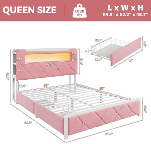 Queen Upholstered LED Bed Frame with 2 Storage Drawers and 2-Tier Storage Headboard,Velvet Princess Platform Bed with Charging Station & Bookcase,Heavy Duty Metal Support,No Box Spring Needed,Pink