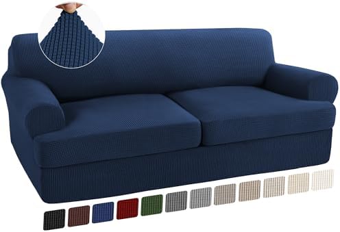 Turquoize 3 Piece T Cushion Sofa Slipcovers Stretch Couch Cover Furniture Covers with 2 Individual T Cushion Covers, Machine Washable (2 Cushion Sofa, Navy)