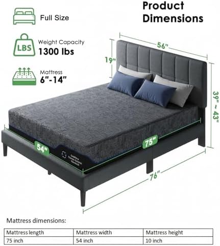 Marsail Full Bed Frame with Headboard & 10 Inch Full Size Mattress Set,Gray