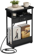 Narrow Side Table with Charging Station Small Spaces Narrow End Table