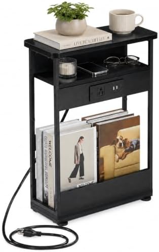 Narrow Side Table with Charging Station Small Spaces Narrow End Table