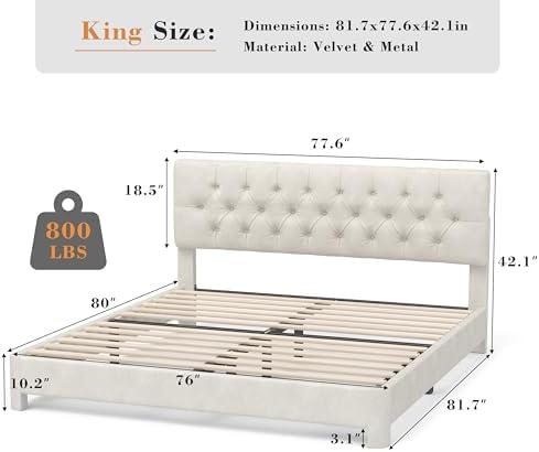 King Size Bed Frame with Headboard, Luxury Velvet Fabric Upholstered Bed frame with Button Tufted Design, Strong Wooden Slats Support - Low & Sturdy, Noise-Free, No Box Spring, Easy Assembly, Beige
