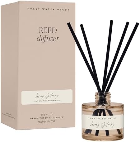 Sweet Water Decor Luxury Getaway Reed Diffuser – Hotel Scent Diffuser with Long-Lasting Premium Fragrance of Leather, Iris, Sandalwood for 4 Months – Ideal for Home Decor