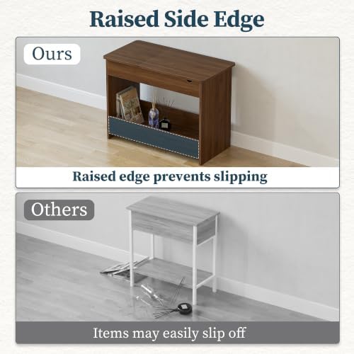 TIQLAB Flip Top End Table with Hidden Charging Station, 23 inch Side Table with Rounded Corner Design, Narrow Nightstand with Wood Shelf, Bedside Table for Living Room Bedroom, Walnut