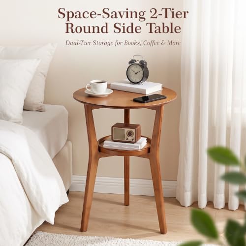 Bamboo Round Side Table, 2-Tier Mid Century Modern Sofa End Table