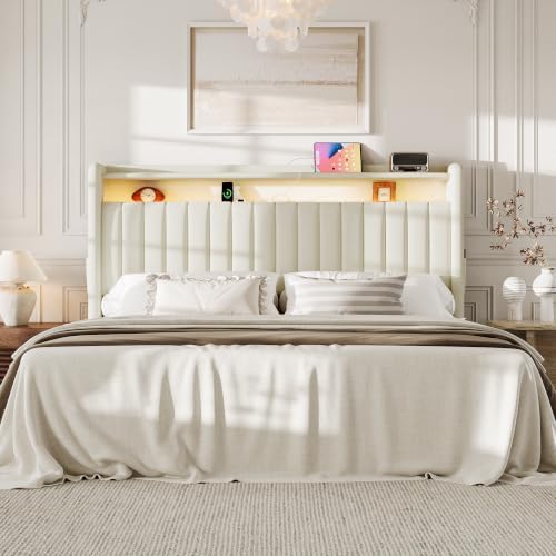 S.E.C.D Upholstered King Size Headboard Only, 2-Tier Storage, Beige